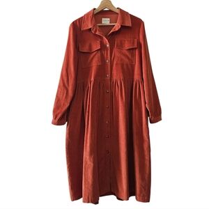 OFFON Needlecord Long Sleeve Shirt Dress Midi Sustainable Brick Orange